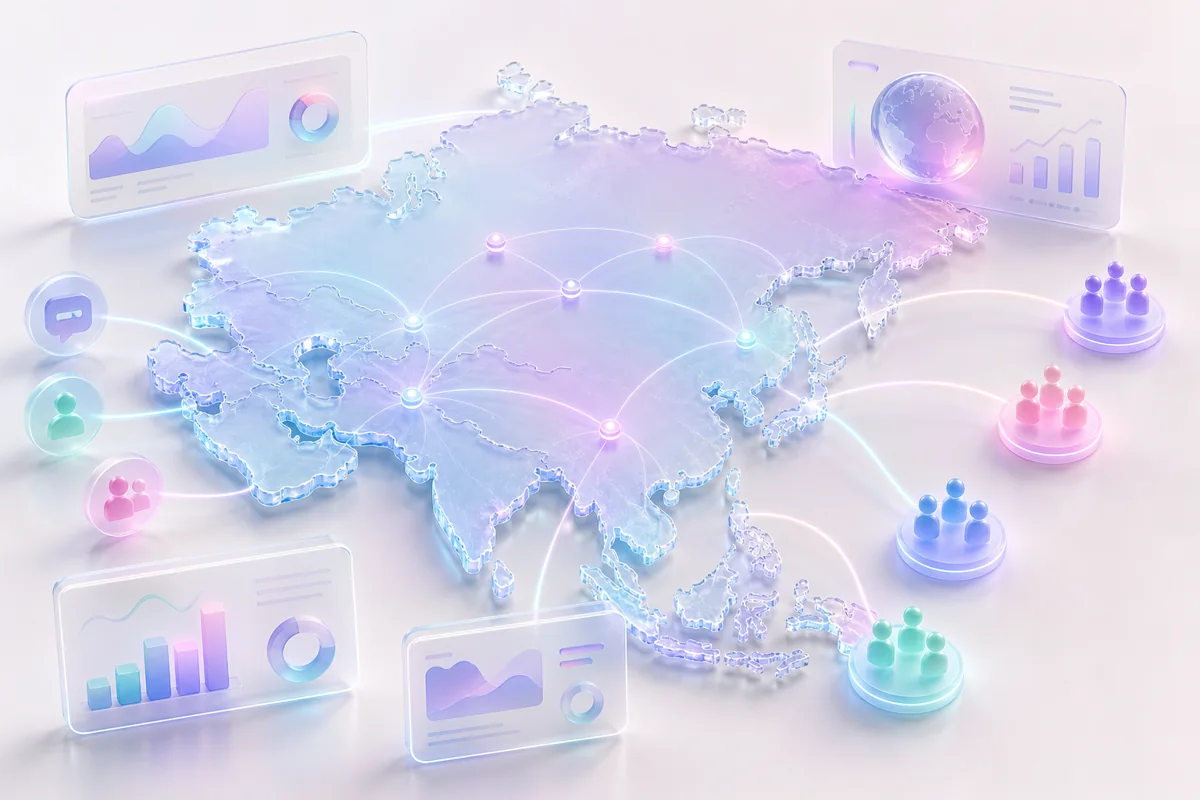 Glass na mapa ng Asia na may multilingual na komunidad at data connection